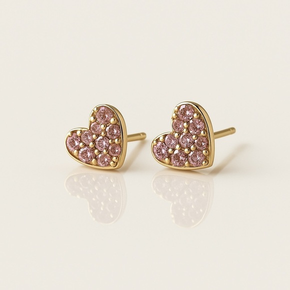 Anthropologie Jewelry - 14K Gold  Plated Heart Stud Earrings with Pink Zirconia